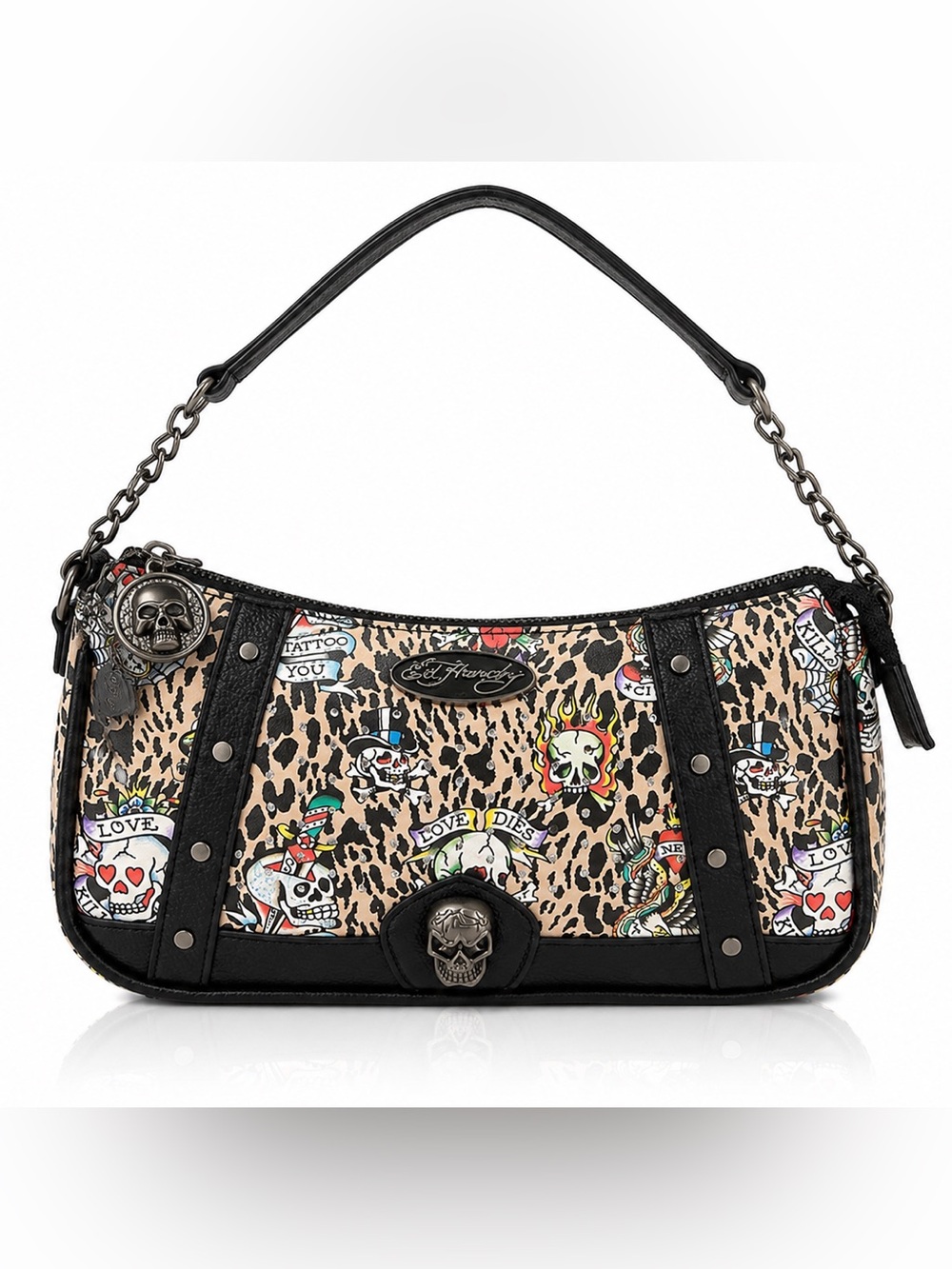 Ed Hardy Leopard Tattoo Skull Shoulder Bag in Beige, Black and Red Accents